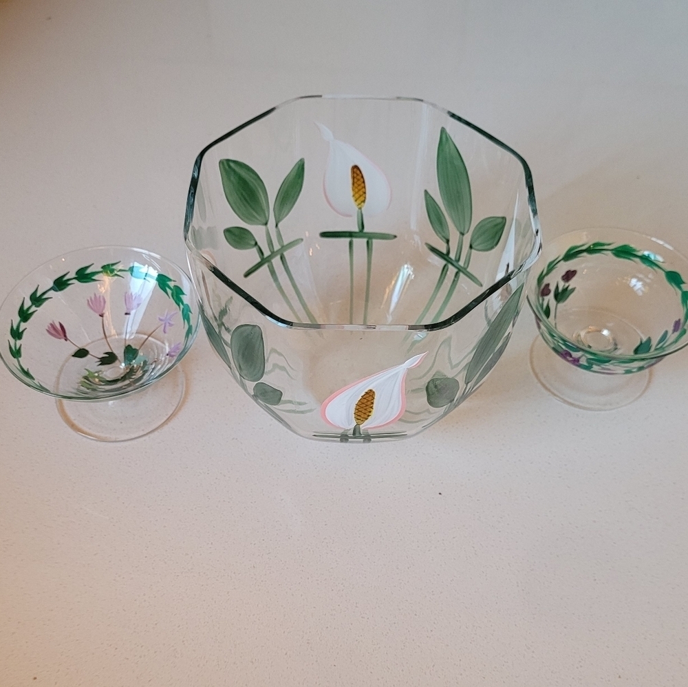 Orrefors Sweden Eva Englund Hand-Painted Crystal Bowl Peace Lilies 3 Piece Set